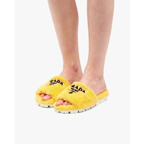 Prada Yellow Terry Cloth Black Logo Slide Sandal Rubber Sole Flip Flop Flat 38 - Picture 5 of 12